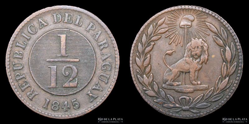 Paraguay. 1/12 Real 1845. Birmingham. 39 Rayos. Cobre; 24.0mm; 6.23g. Ciotti 171...