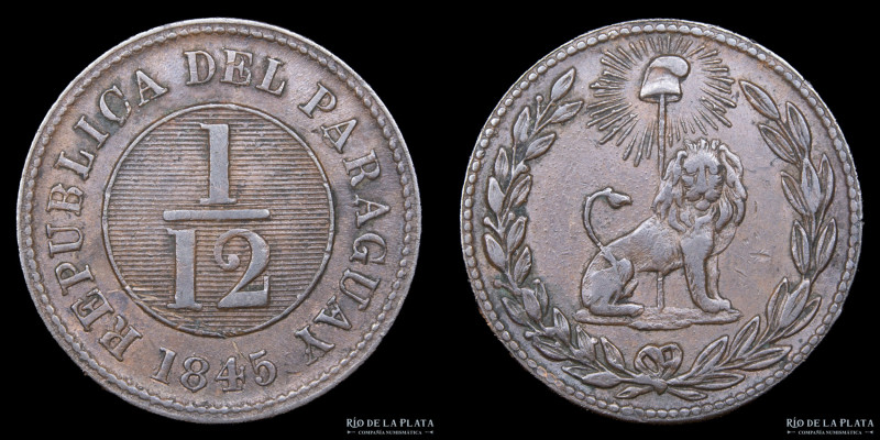 Paraguay. 1/12 Real 1845. Asunción crude. 38 Rayos. Cobre; 24.0mm; 6.44g. Ciotti...