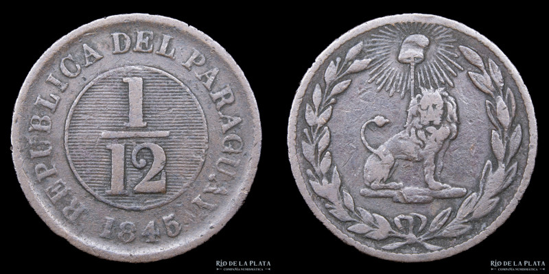 Paraguay. 1/12 Real 1845. Asunción crude. 41 Rayos. Cobre; 24.0mm; 6.48g. Ciotti...