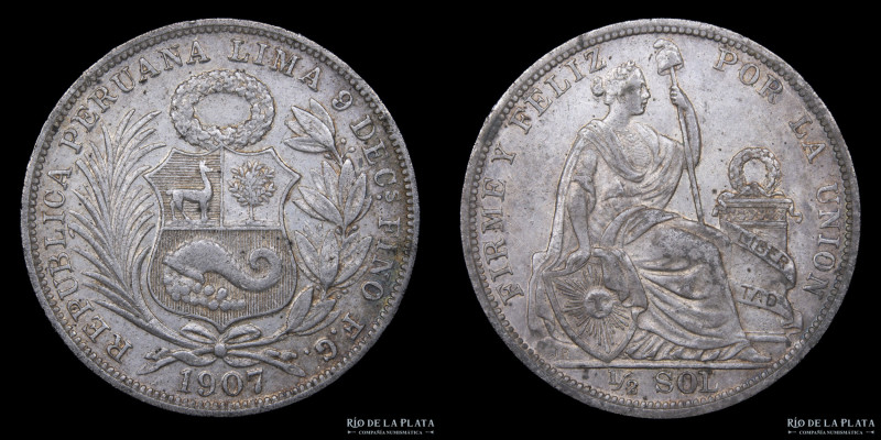 Perú. 1/2 Sol 1907. Plata 500; 30mm; 12.39g. KM203 (VF)

USD 20 - 40

Nota: ...