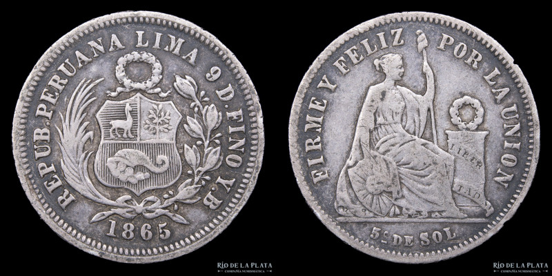 Perú. 1/5 Sol 1865 YB. Plata 900; 23mm; 4.87g. KM191 (VF+)

USD 30 - 50

Not...