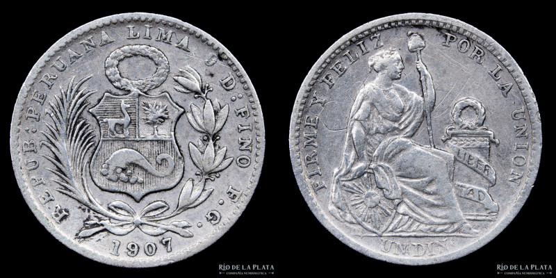 Perú. 1 Dinero 1907. Plata 900; 18mm; 2.51g. KM204 Graffittis (VF)

USD 20 - 4...