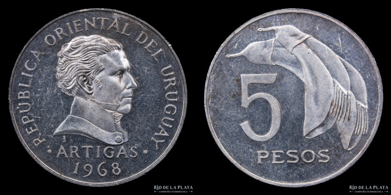 Uruguay. 5 Pesos 1968. Ensayo/Pattern. Santiago Mint. Plata 900; 20mm; 4.53g. Pn...