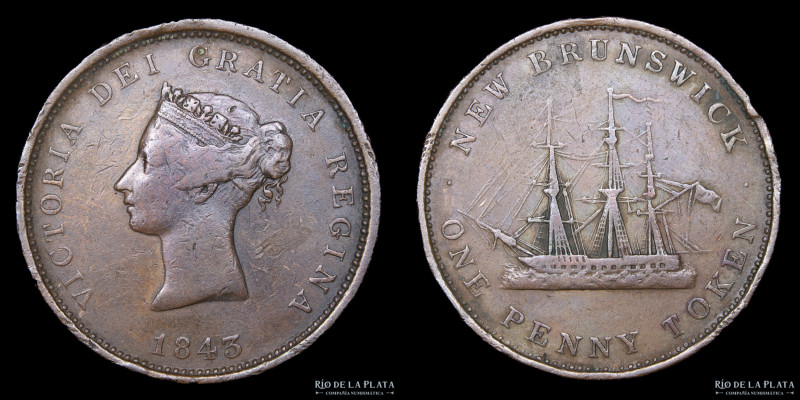 Canadá. 1 Penny Token 1843. New Brunswick. Cobre; 34.1mm; 17.05g. KM2 (F+)

US...