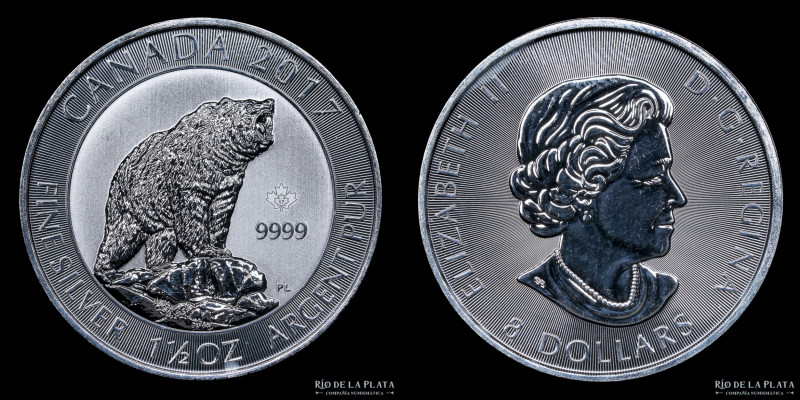 Canadá. 8 Dollars 2017. Grizzly Bear. 1 1/2 Onza. Plata 999; 38.1mm; 46.65g. ChR...