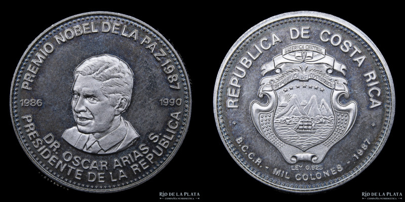 Costa Rica. 1000 Colones 1987. Oscar Arias, Premio Nobel de la Paz. Plata 925; 2...