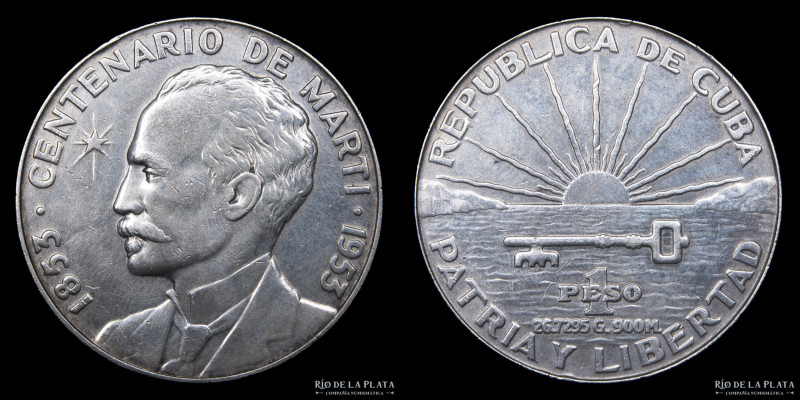 Cuba. 1 Peso 1953. "Centenario de José Martí 1853-1953". Plata 900; 38mm; 26.87g...