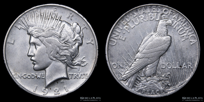 USA. 1 Dollar "Peace" 1921. Plata 900; 38.1mm; 26.78g. KM150 (XF+) Año escaso
...