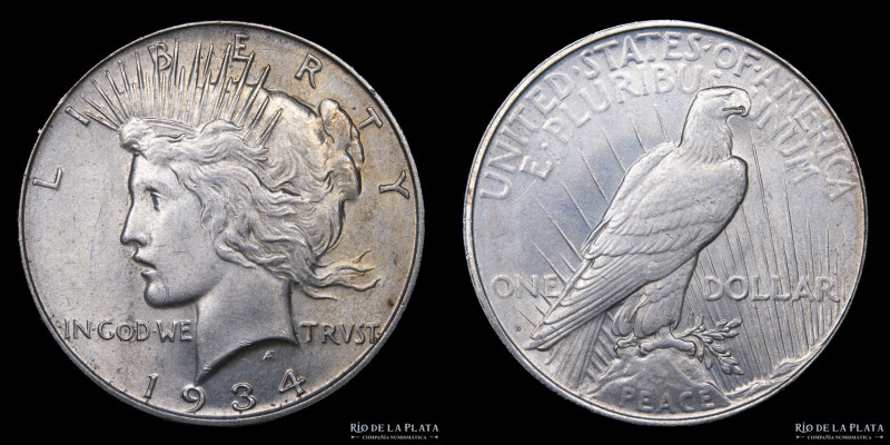 USA. 1 Dollar "Peace" 1934. Plata 900; 38.1mm; 26.70g. KM150 (VF+)

USD 30 - 6...