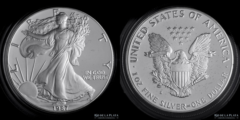 USA. 1 Dollar "American Eagle" 1987. Plata 999; 40.6mm; 31.10g. KM273 (Proof) En...