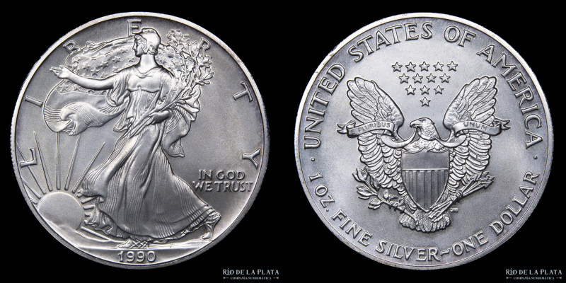 USA. 1 Dollar "American Eagle" 1990. Plata 999; 40.6mm; 31.10g. KM273 (UNC)

U...