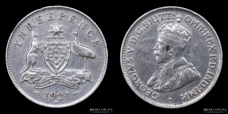 Australia. George V. 3 Pence 1921. Plata 925; 16mm; 1.41g. KM26 (VF) Limpiada
...