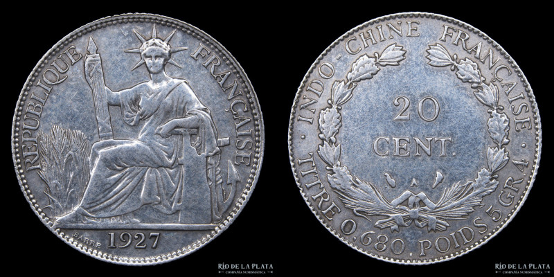 Indochina Francesa. 20 Cents 1927. Ceca de París. Plata 680; 26.0mm; 5.31g. KM17...