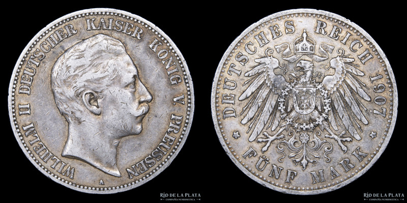 German States. Prussia. Wilhem II (1888-1918) 5 Mark 1907 A. Berlín. Plata 900; ...