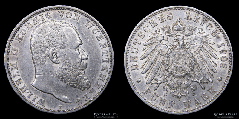 German States. Würtemberg. William II (1891-1918) 5 Mark 1908 F. Plata 900; 38mm...