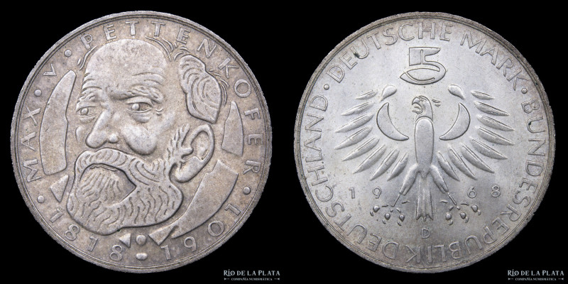 Alemania. 5 Deutsche Mark 1968 D. Max Pettenkofer. Stuttgart mint. Plata 625; 29...