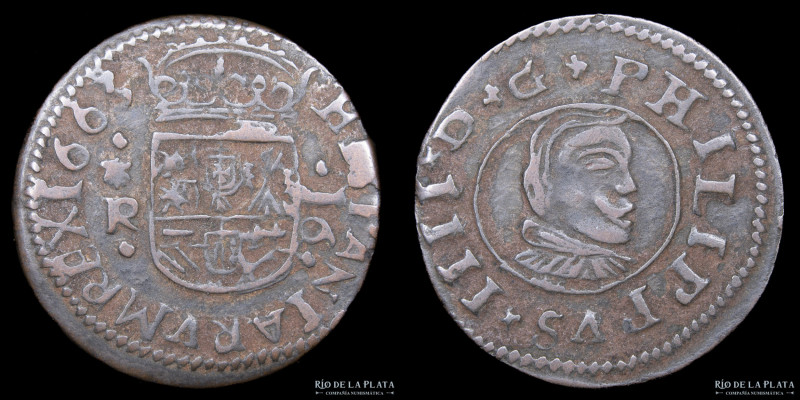 España. Felipe IV (1621-1665) 16 Maravedis 1663 R. Ceca de Coruña. Cobre; 24.5mm...