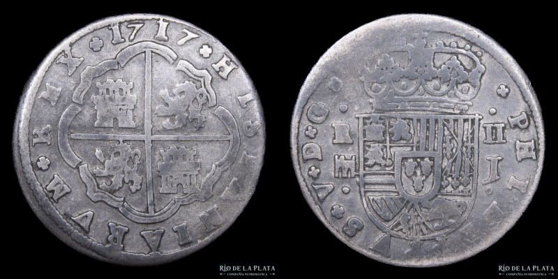 España. Felipe V (1700-1724) 2 Reales 1717 J. Ceca de Segovia. Plata 833; 26.0mm...