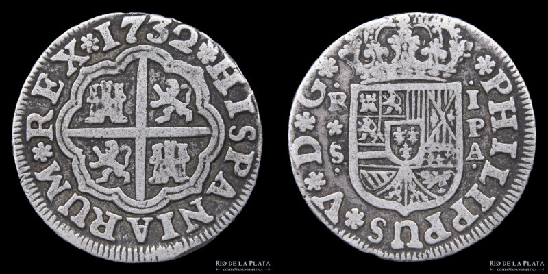 España. Felipe V (1700-1746) 1 Real 1732, Ceca de Sevilla. Plata 833; 20.0mm; 2....