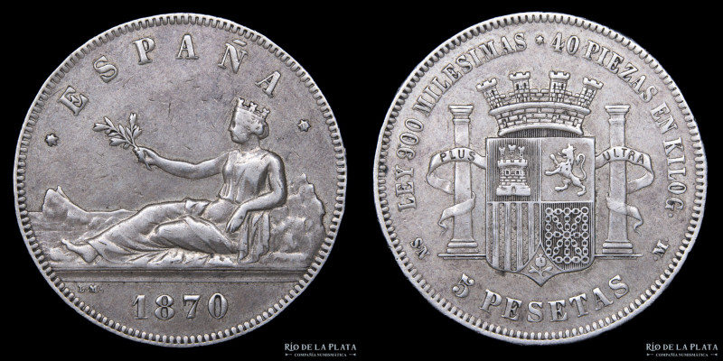 España. Gobierno Provisional (1869-1870) 5 Pesetas 1870. Plata 900; 37.0mm; 24.6...