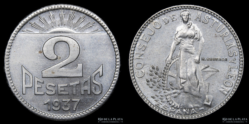 España. Asturias y León. 2 Pesetas 1937. Cuproníquel; 21mm; 7.90g. KM3 (UNC)

...