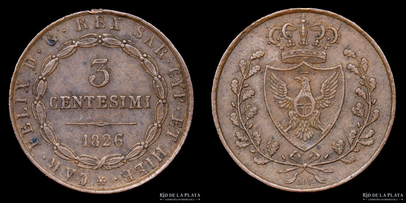 Italian States. Cerdeña. Carlo Felice. 3 Centesimi 1826. Cobre; 23.0mm; 6.20g. K...