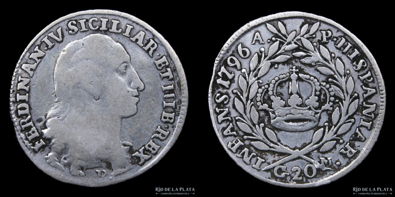 Italian States. Nápoles. Fernando IV. 20 Grana 1796. Plata 833; 23mm; 4.38g. KM2...