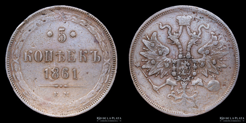 Rusia. Aleksandr II (1855-1881) 5 Kopecks 1861. Cobre; 36.7mm; 21.52g. Y6a (F+)...