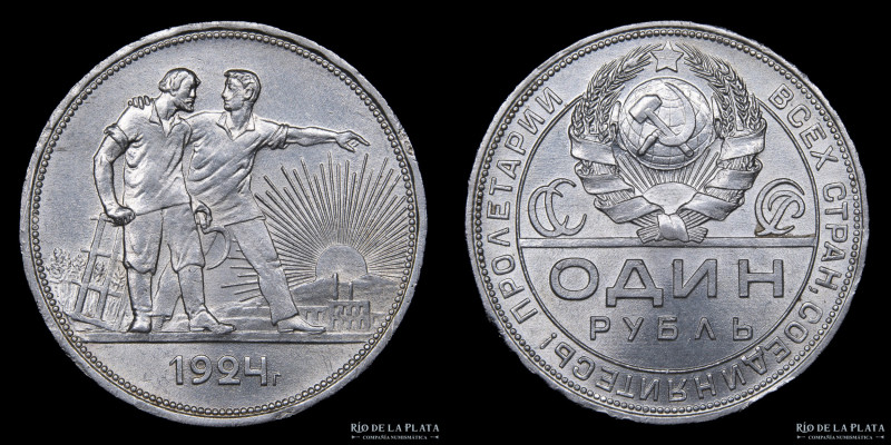 Rusia. 1 Rublo 1924 Unión Soviética. Plata 900; 33.5mm; 20.00g. KM90.1 (AU)

U...