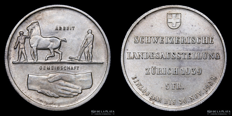 Suiza. 5 Francs 1939 Landitaler. Plata 835; 33.6mm; 19.52g. KM43 (XF)

USD 25 ...