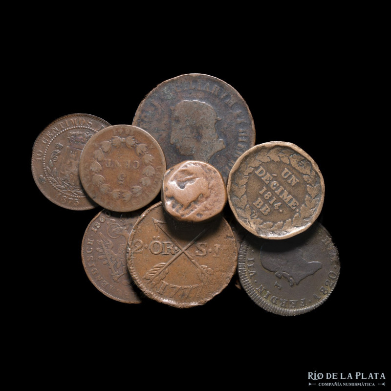 Lote Mix x 8 cobres mundiales 1764-1875. Incluye España, Francia, Italia, Portug...