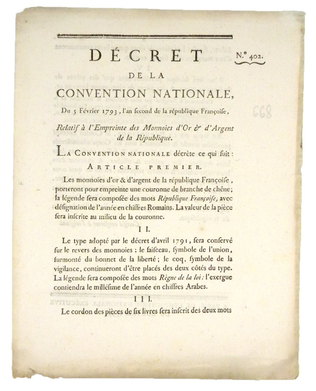 [France]. DÉCRET DE LA CONVENTION NATIONALE... RELATIF À L’EMPREINTE DES MONNOIE...