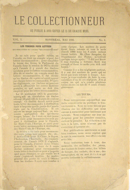 LeRoux, Jos. LE COLLECTIONNEUR. Montreal, Mai–Juin 1886. Two issues, complete. 8...