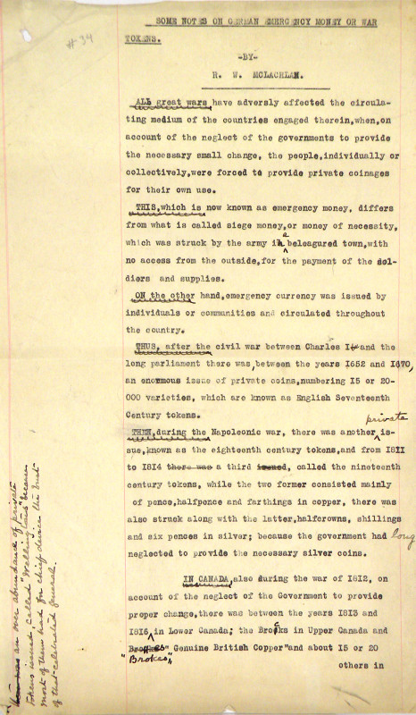 McLachlan, R.W. SOME NOTES ON GERMAN EMERGENCY MONEY OR WAR TOKENS. Montreal, (1...
