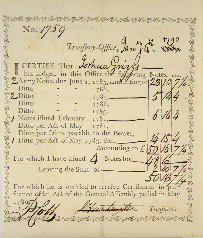 Connecticut. TREASURY OFFICE TRANSFER CERTIFICATE DATED JANUARY 4, 1790 IN INK. ...