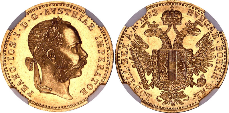 Austria Dukat 1913 NGC MS62. KM# 2267, N# 26247; Gold (.986) 3.49 g.; Franz Jose...