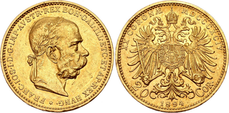 Austria 20 Corona 1894 MDCCCXCIV. KM# 2806, N# 14747; Gold (.900) 6.76 g.; Franz...