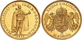 Hungary 10 Korona 1911 KB. KM# 485, N# 10813; Gold (.900) 3.38 g.; Franz Joseph I; Kremnitz Mint; AUNC with luster remains
