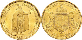Hungary 20 Korona 1897 KB. KM# 486, ÉH# 1489, N# 33163; Gold (.900) 6.77 g. ; Franz Joseph I; Kremnitz Mint; UNC with full mint luster
