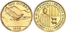 Andorra 100 Diners 1988. KM# 42, N# 322668; Gold (.999) 5.00 g; Joan Martí i Alanis; Golden Eagle; Mintage 2000 pcs., In the original package; UNC...