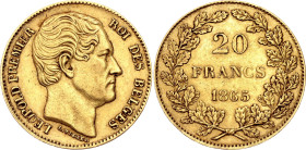 Belgium 20 Francs 1865. KM# 23, N# 11103; Gold (.900) 6.43 g.; Leopold I; Brussels Mint; XF