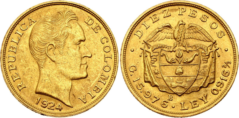 Colombia 10 Pesos 1924 B. KM# 202, N# 108785; Gold (.917) 15.91 g.; Bogota Mint;...