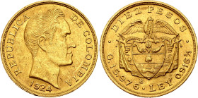 Colombia 10 Pesos 1924 B. KM# 202, N# 108785; Gold (.917) 15.91 g.; Bogota Mint; Mintage 55000 pcs.; AUNC