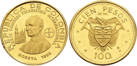 Colombia 100 Pesos 1968 B. KM# 231, N# 48318; Gold (.900) 4.3 g., Proof; 39th International Eucharistic Congress; With hairlines