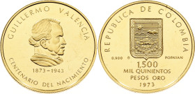 Colombia 1500 Pesos 1973. KM# 256, N# 175620; Gold (.900) 8.60 g., Proof; 100th Anniversary - Birth of Guillermo Valencia; Mintage 5000 pcs.; With scr...