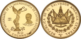 El Salvador 50 Colones 1971. KM# 144, Schön# 31, N# 44398; Gold (.900) 5.9 g., Proof; 150th Anniversary of Salvadoran Independence; Mintage 3530 pcs....