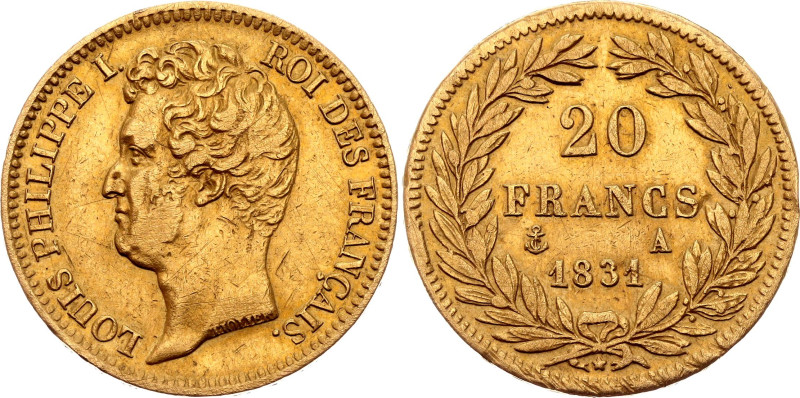 France 20 Francs 1831 A. KM# 746.1, N# 8000; Edge raised; Gold (.900) 6.36 g.; L...