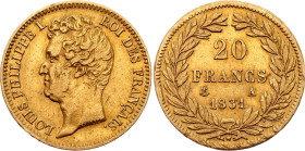 France 20 Francs 1831 A. KM# 746.1, N# 8000; Edge raised; Gold (.900) 6.36 g.; Louis Philippe I; Paris Mint; VF
