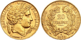 France 20 Francs 1851 A. KM# 762, N# 8003; Gold (.900) 6.45 g.; Paris Mint; XF-