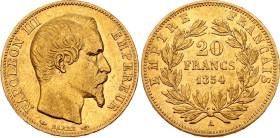France 20 Francs 1854 A. KM# 781.1, N# 3390; Gold (.900) 6.45 g.; Napoleon III; Paris Mint; VF/XF